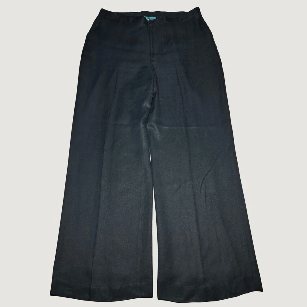 Lauren Ralph Lauren Wide Leg Trousers Women 14 100% Silk High Rise Lined Black